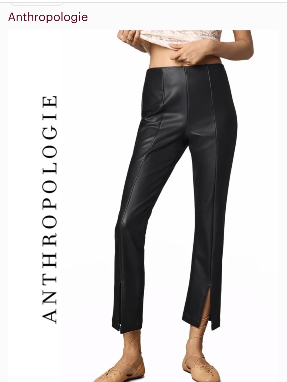 Anthropologie Maeve Black Faux Leather Straight-Leg Pants with Front Slits
